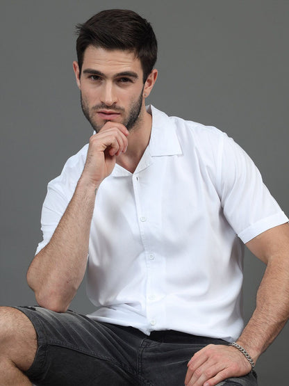 White Slim Fit Cuban Collar Casual Shirt