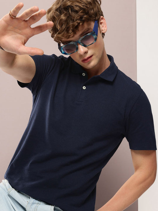 Solid Polo Collar Pure Cotton T-shirt (Navy)