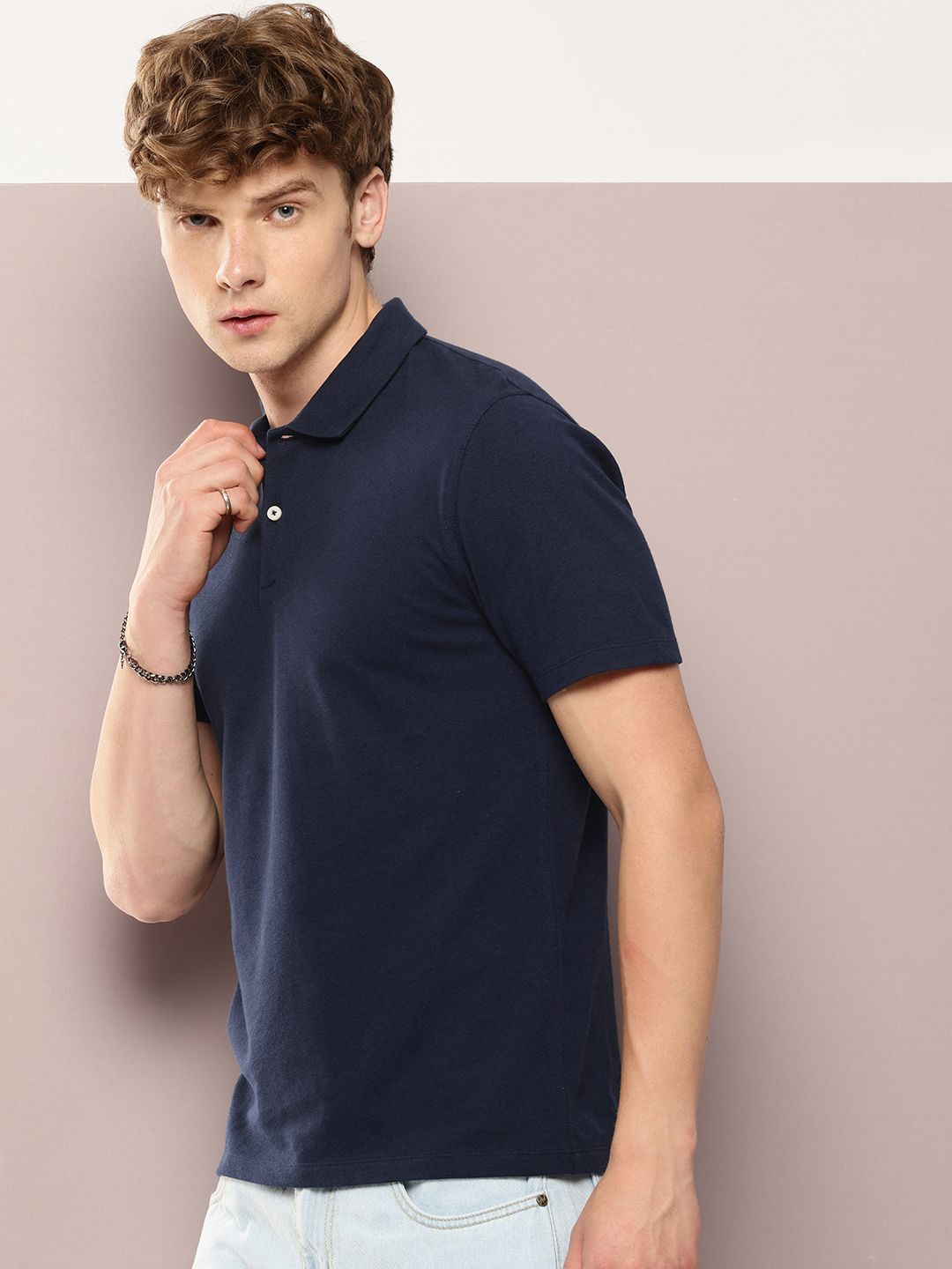 Solid Polo Collar Pure Cotton T-shirt (Navy)