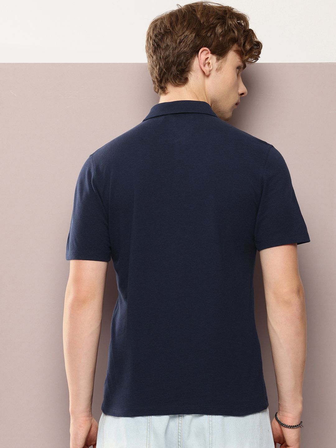 Solid Polo Collar Pure Cotton T-shirt (Navy)