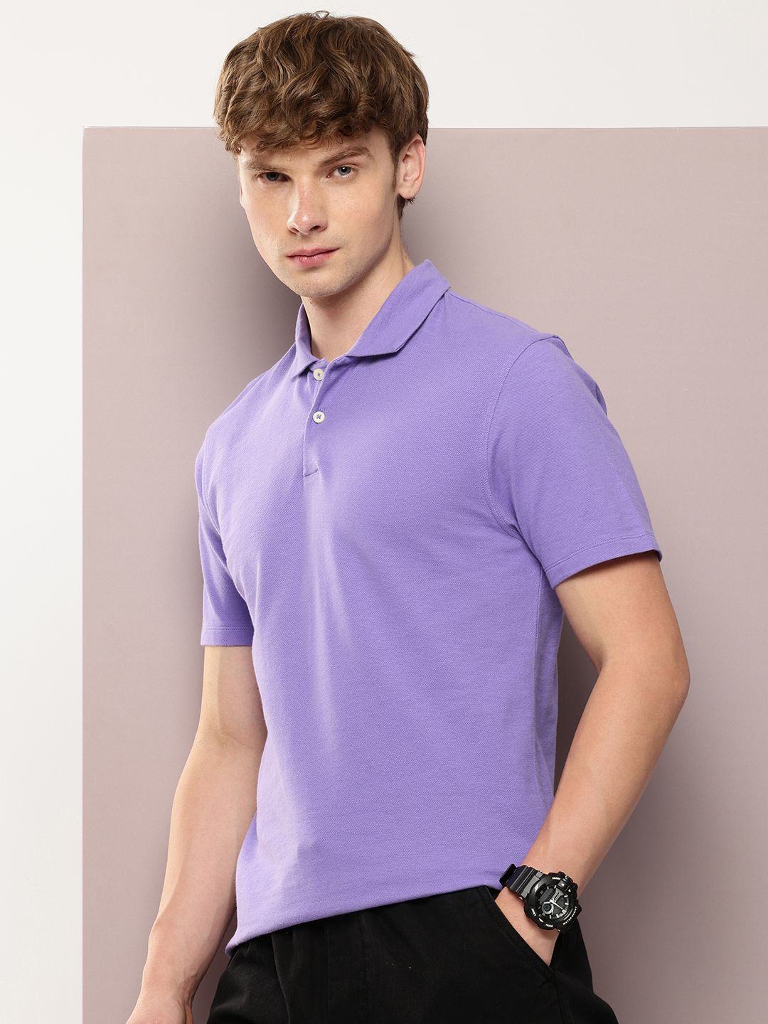 Solid Polo Collar Pure Cotton T-shirt